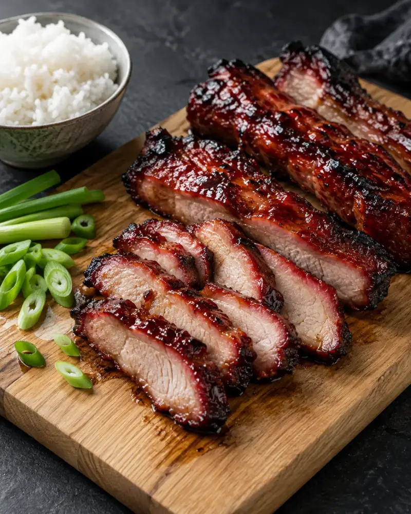 Char Siu (Cantonese Barbecue Pork): Pork shoulder marinated overnight and roasted with a sticky, lacquered glaze
