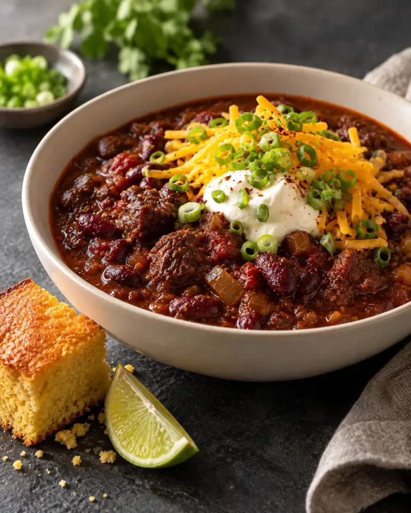 Chili con Carne: Beef chuck slow-cooked with toasted dried chilies, cumin and beans