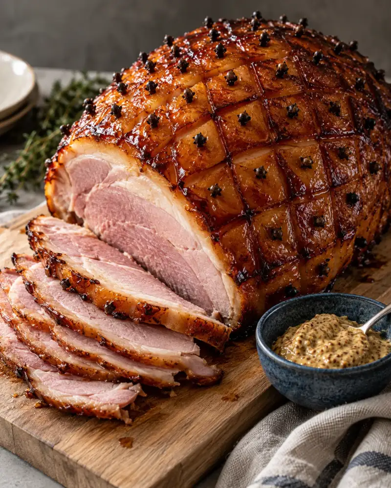 Glazed Christmas Ham: A cooked ham baked slowly, scored, and lacquered with mustard and brown sugar