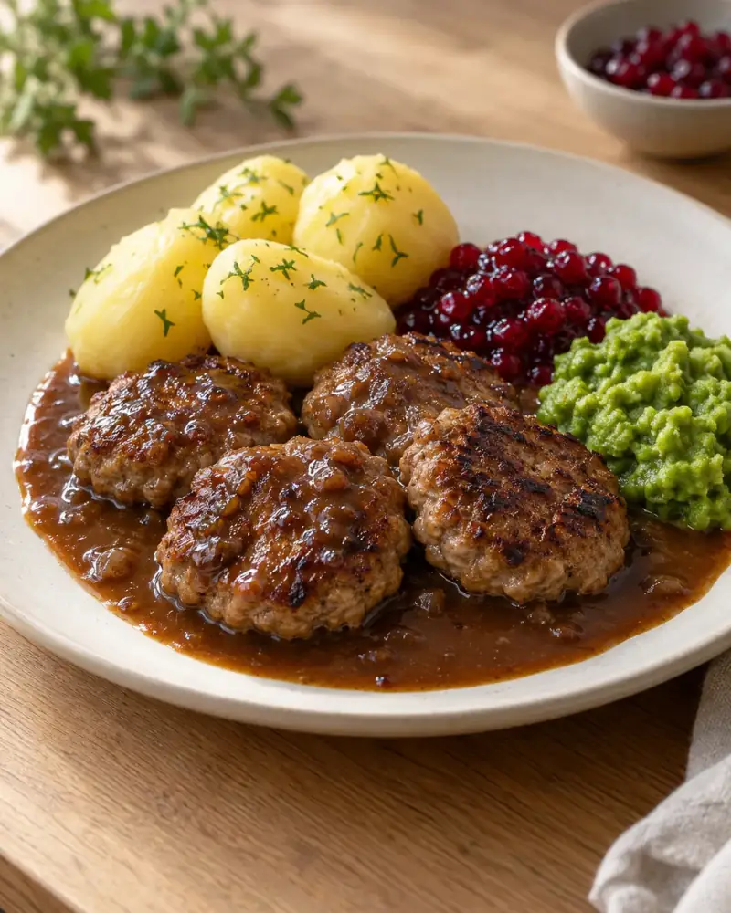 Kjøttkaker (Norwegian Meat Patties in Brown Gravy): Tender, nutmeg-scented beef patties simmered in a rich brown sauce