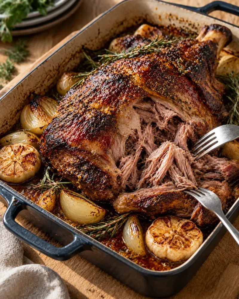Slow-Roast Lamb Shoulder with Garlic and Rosemary: Seven hours in a low oven until it pulls apart with a spoon