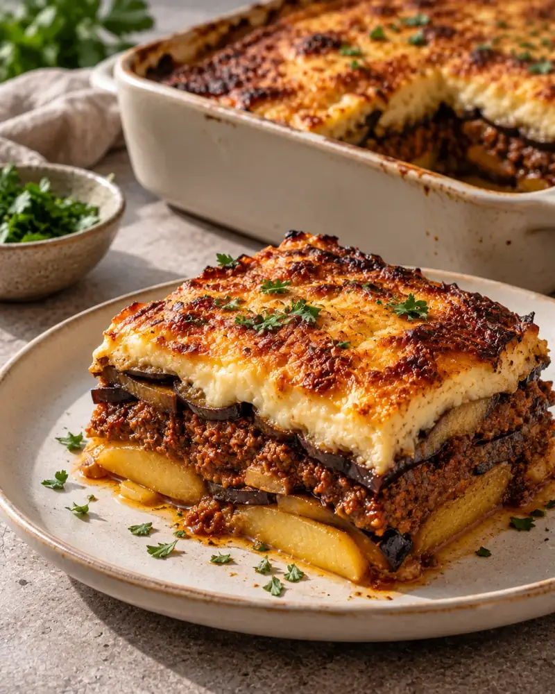 Moussaka: Layers of eggplant, spiced lamb and a thick, golden béchamel