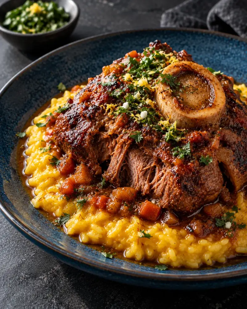 Osso Buco alla Milanese with Gremolata: Veal shanks braised until the marrow melts, finished with lemon and parsley