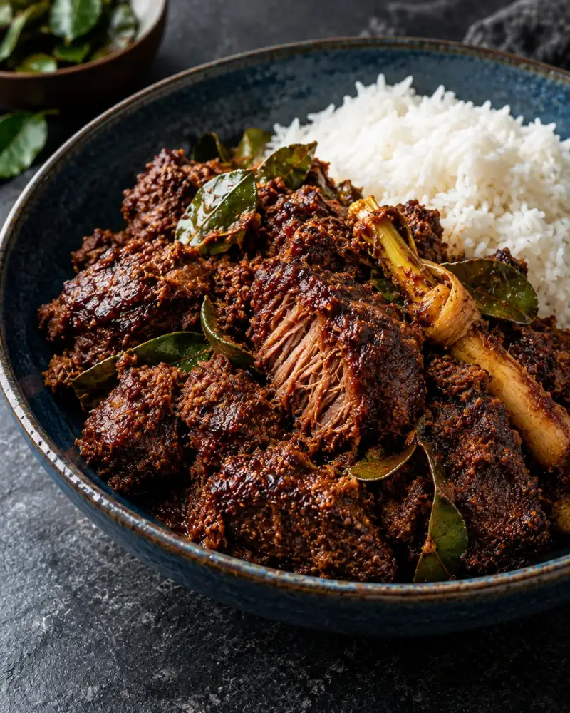 Beef Rendang: Beef slow-cooked in coconut and spices until dry, dark and intensely flavored