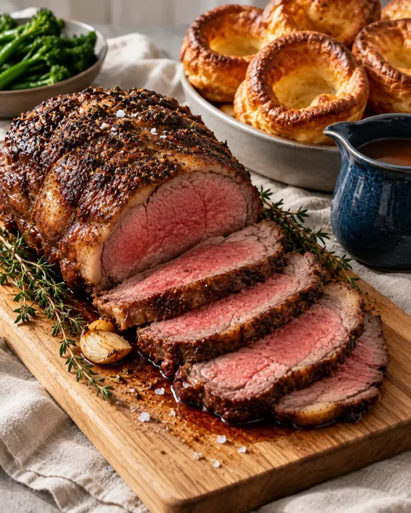 Roast Beef with Yorkshire Puddings: A rosy, evenly cooked roast from a low oven, finished with a hot blast