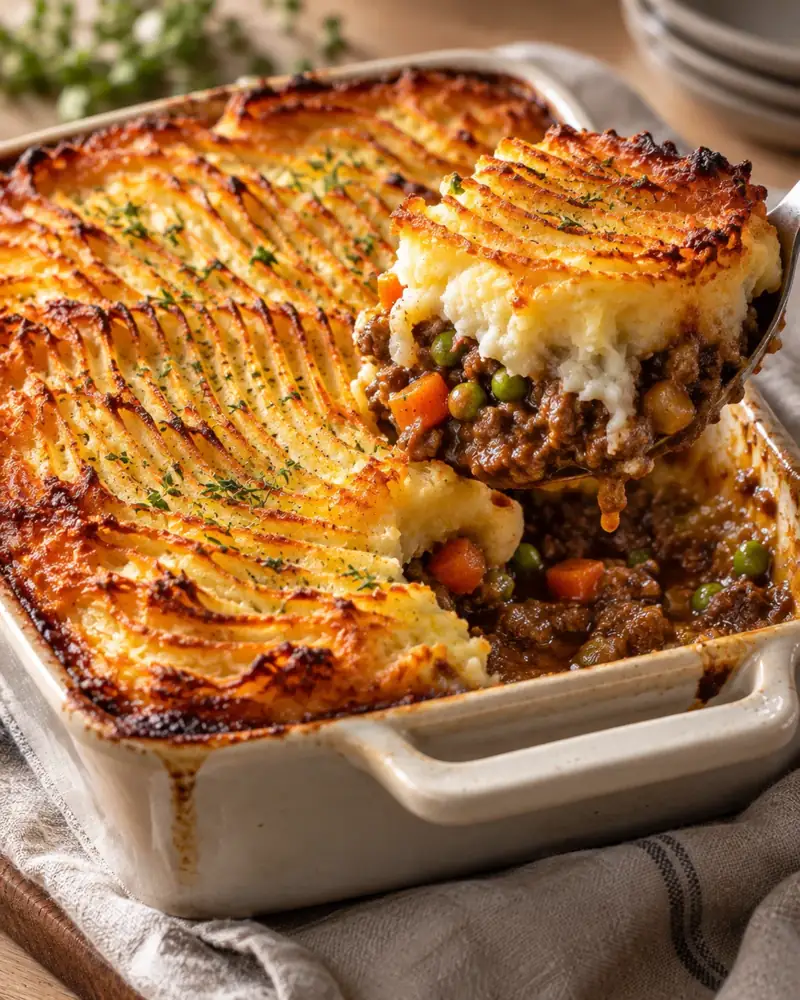 Shepherd's Pie: Rich minced lamb under a ruffled, golden mashed-potato crust