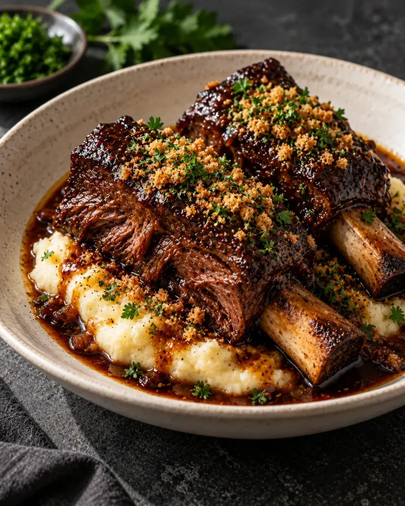 Braised Short Ribs: Bone-in ribs braised in red wine and stock until the meat slides off