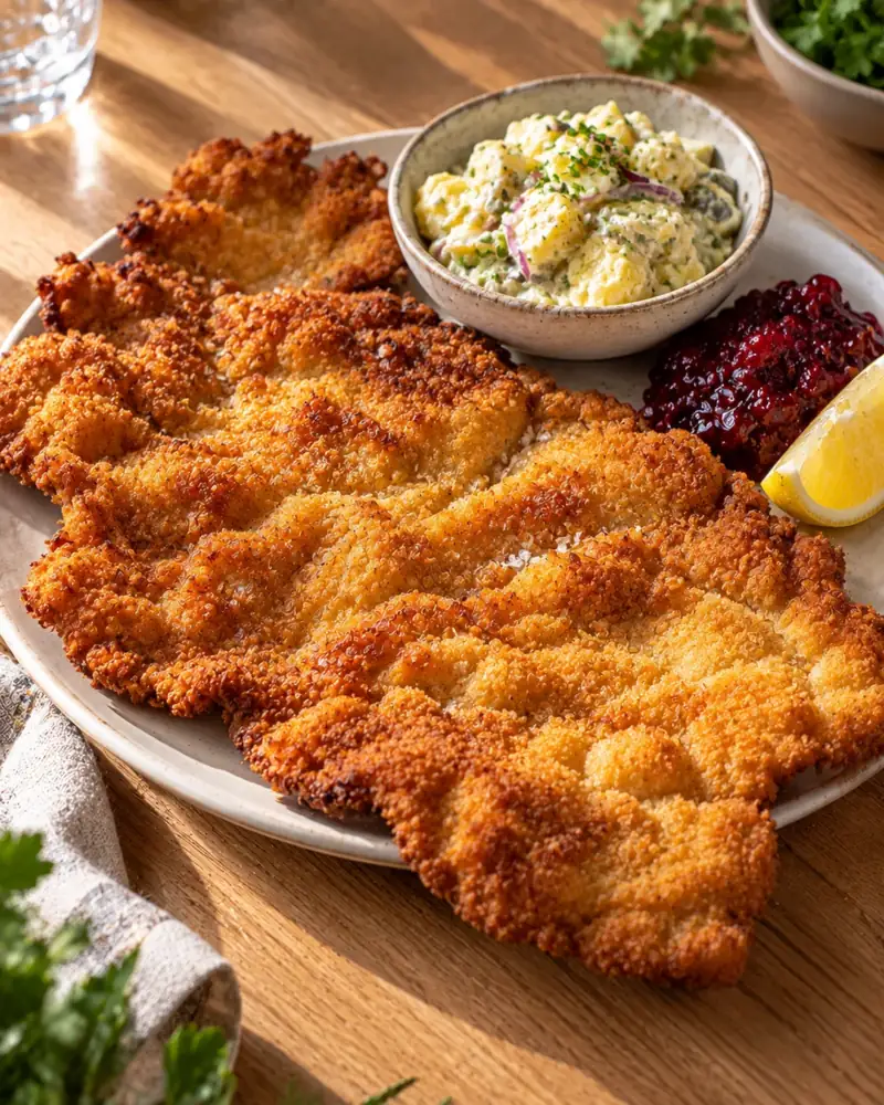 Wiener Schnitzel: Veal pounded thin, crumbed and fried until the coating billows