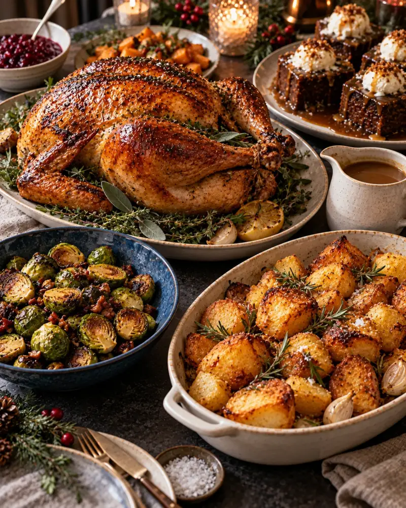 Christmas Feast: A traditional roast turkey dinner for eight, with crisp potatoes, caramelized sprouts and a good gravy, followed by sticky toffee pudding instead of the heavier traditional pudding.