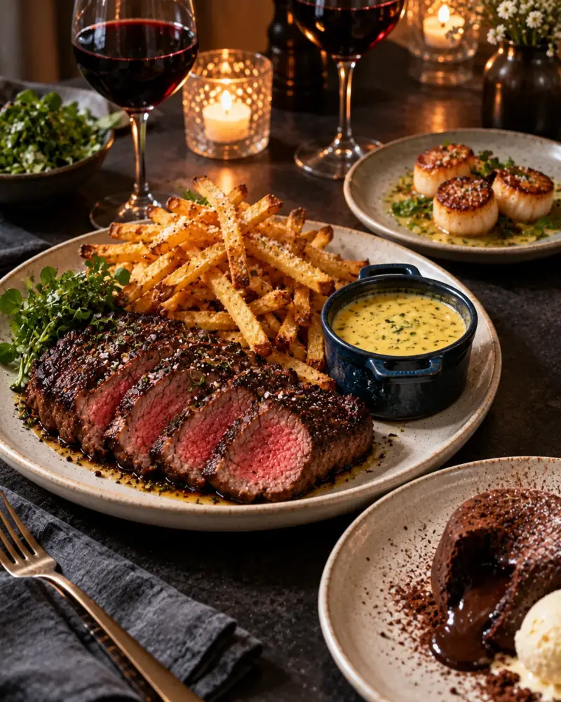 Dinner for Two: A bistro dinner at home: seared scallops to start, steak with béarnaise and twice-fried fries, and a molten chocolate fondant to finish.
