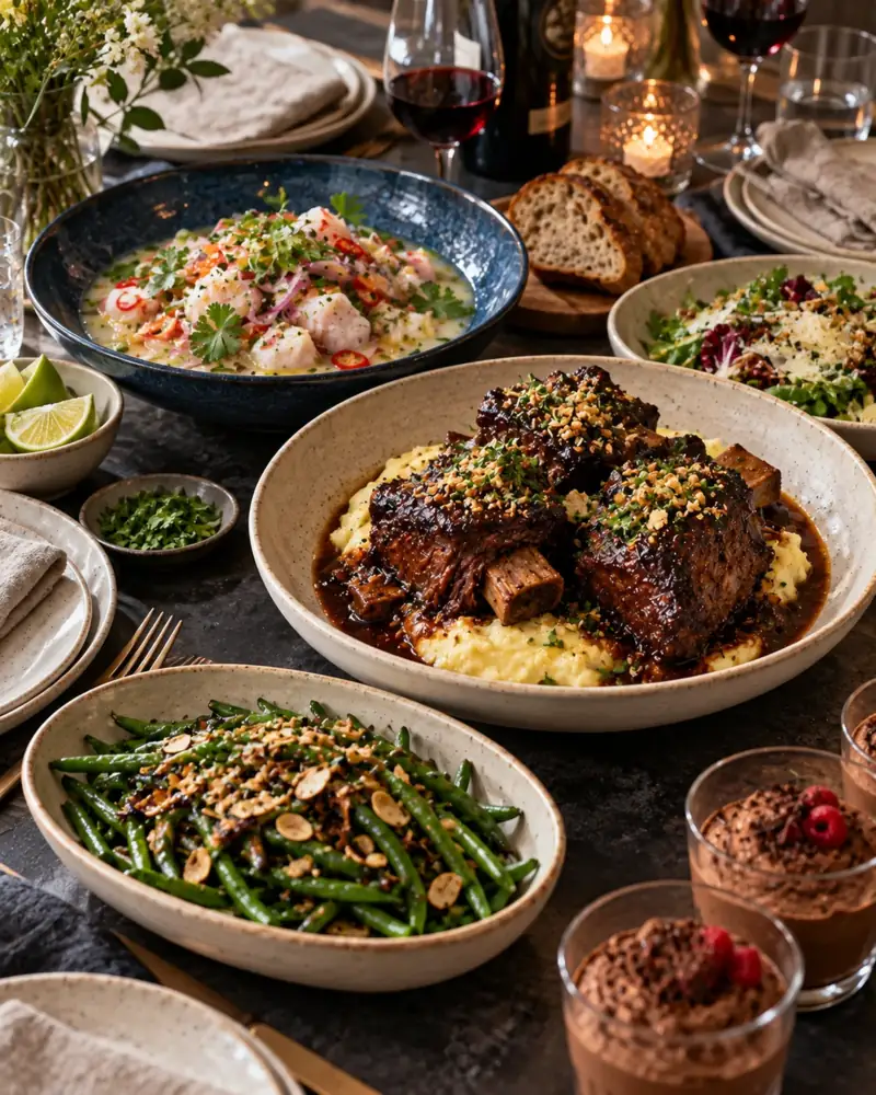 Dinner Party for Six: A bright, cold starter, a rich main that is actually better made the day before, and a chocolate mousse that waits in the fridge.