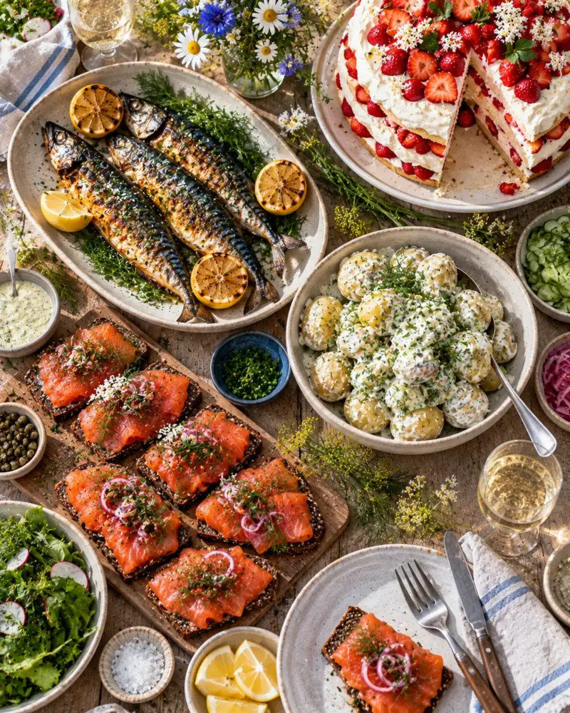 Midsummer Table: A Nordic long-table lunch for the lightest day of the year: home-cured gravlax on dark rye, grilled mackerel, new-potato salad with herbs, and a towering strawberry cream cake.
