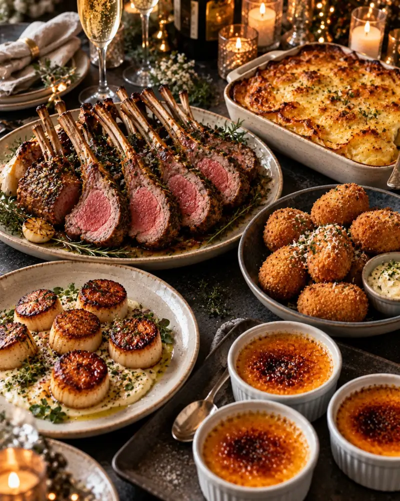 New Year's Eve: A celebratory menu for six that keeps the host out of the kitchen at midnight: crisp ham croquetas with drinks, seared scallops, rack of lamb with a rich potato gratin, and crème brûlée torched at the table.