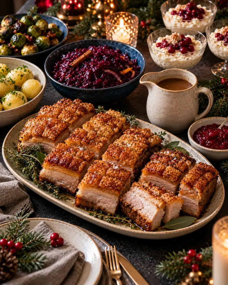 Norwegian Christmas Eve: Ribbe, the Christmas Eve dinner of much of Norway: roast pork belly with crackling, sweet-sour red cabbage, a rich gravy and boiled potatoes, followed by cold riskrem with red berry sauce and a plate of pepperkaker.
