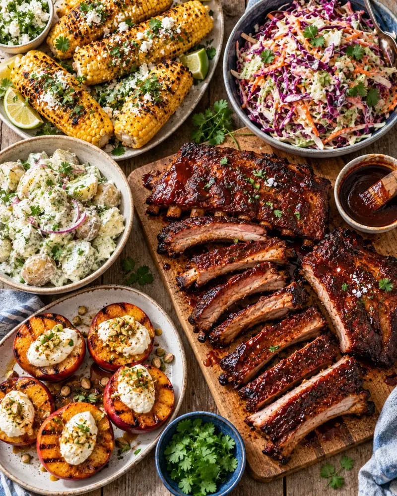 Summer Barbecue: Slow-smoked ribs as the centerpiece, sweet charred corn, a crunchy slaw and a tangy potato salad, with peaches grilled on the cooling coals for dessert.