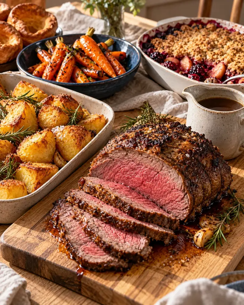 Sunday Roast: Roast beef rested pink, potatoes crisp in dripping, glossy carrots and gravy made in the roasting pan, followed by a fruit crumble.