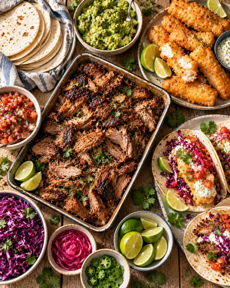 Taco Night: A make-your-own taco table for eight with two fillings, slow-braised pork carnitas and beer-battered fish, plus warm homemade flour tortillas and the two essential salsas.