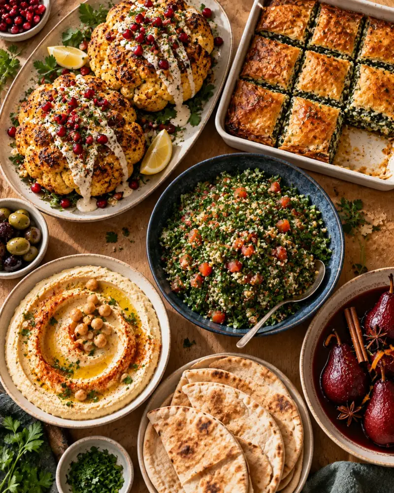 A Vegetarian Feast: A generous eastern Mediterranean table for eight with no meat and no one missing it: silky hummus with warm pita, a golden spanakopita, a whole roast cauliflower dressed with tahini and pomegranate, a sharp herb salad, and pears poached in spiced wine.