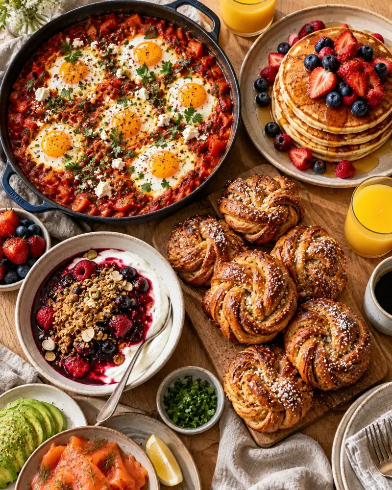 Weekend Brunch for Eight: A long, relaxed brunch where most of the work is done the day before: buns shaped and chilled overnight, shakshuka sauce made ahead, compote cooling in the fridge.