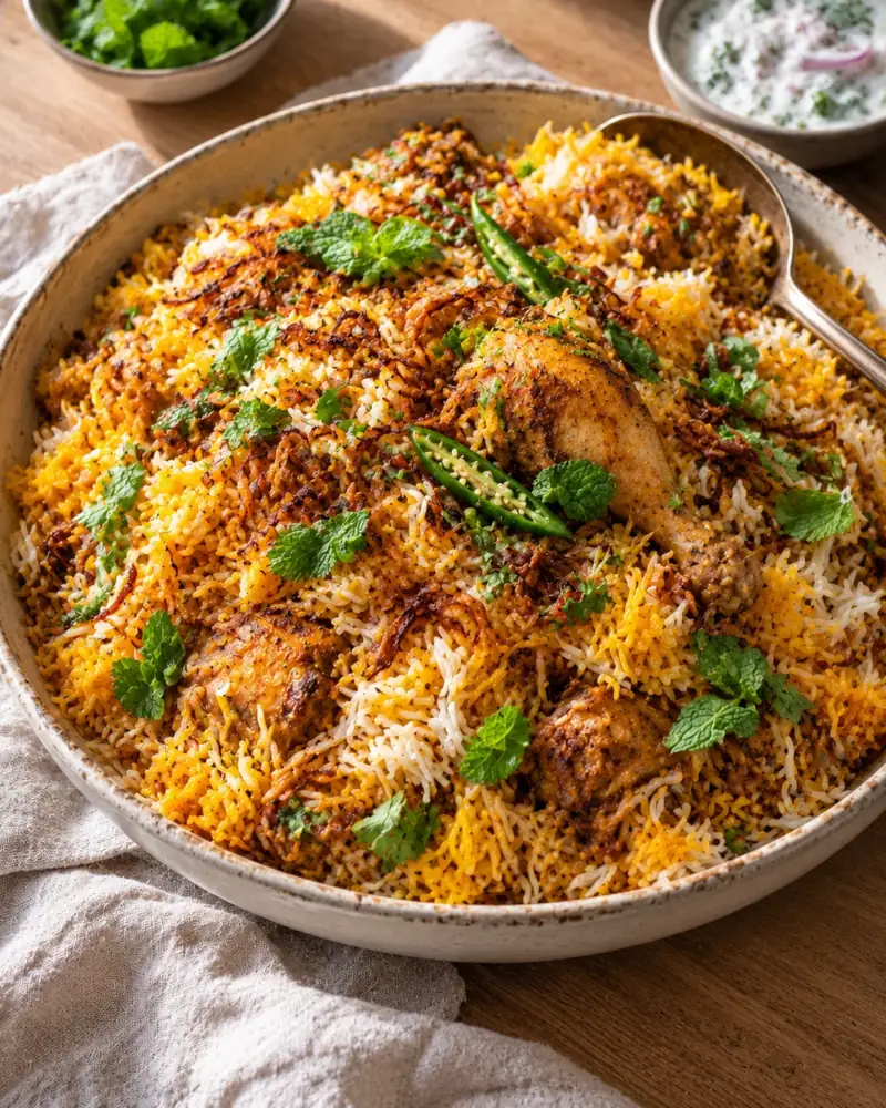 Chicken Biryani: Spiced chicken and fragrant rice layered and steamed together