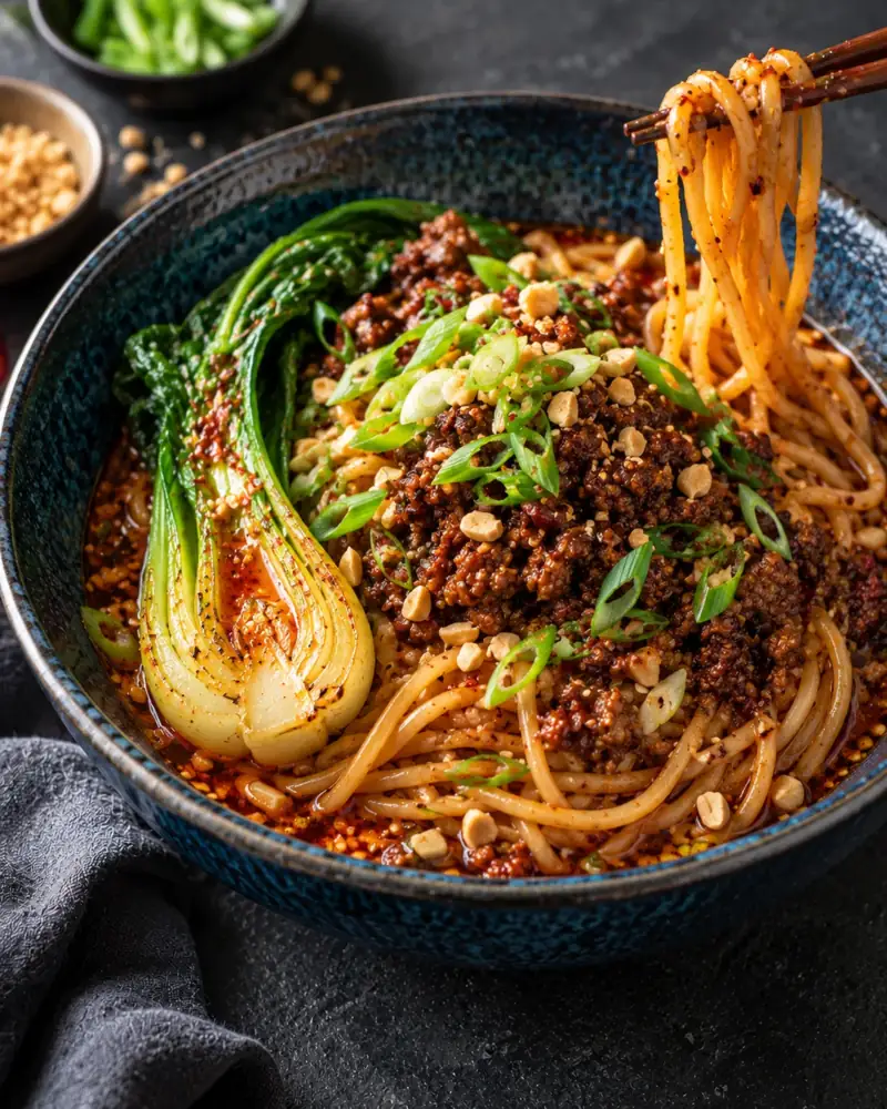 Dan Dan Noodles: Sichuan street noodles with crisp pork, sesame and numbing heat