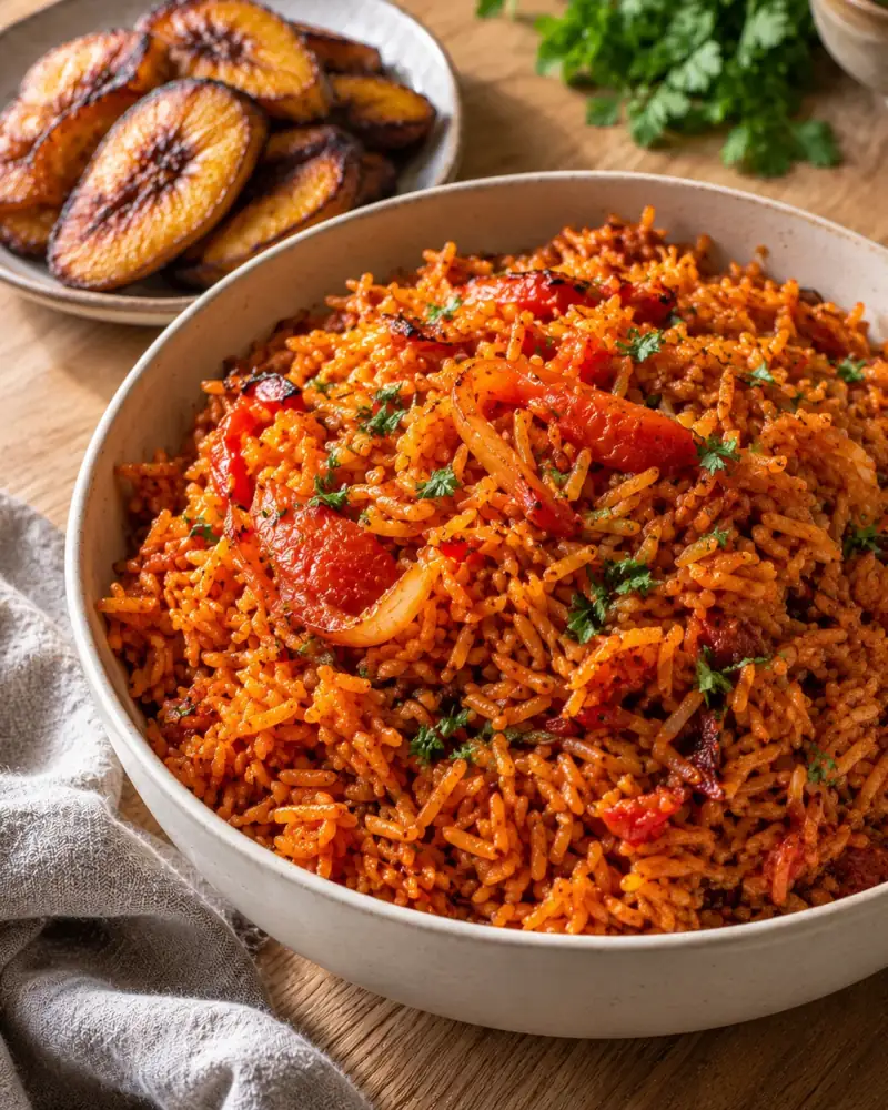 Jollof Rice: Smoky, tomato-red rice cooked in a deeply savory pepper base