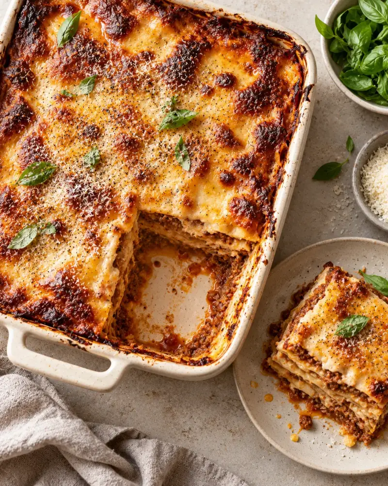 Lasagne alla Bolognese: Layers of ragù, béchamel and pasta, baked until bubbling and crisp-edged