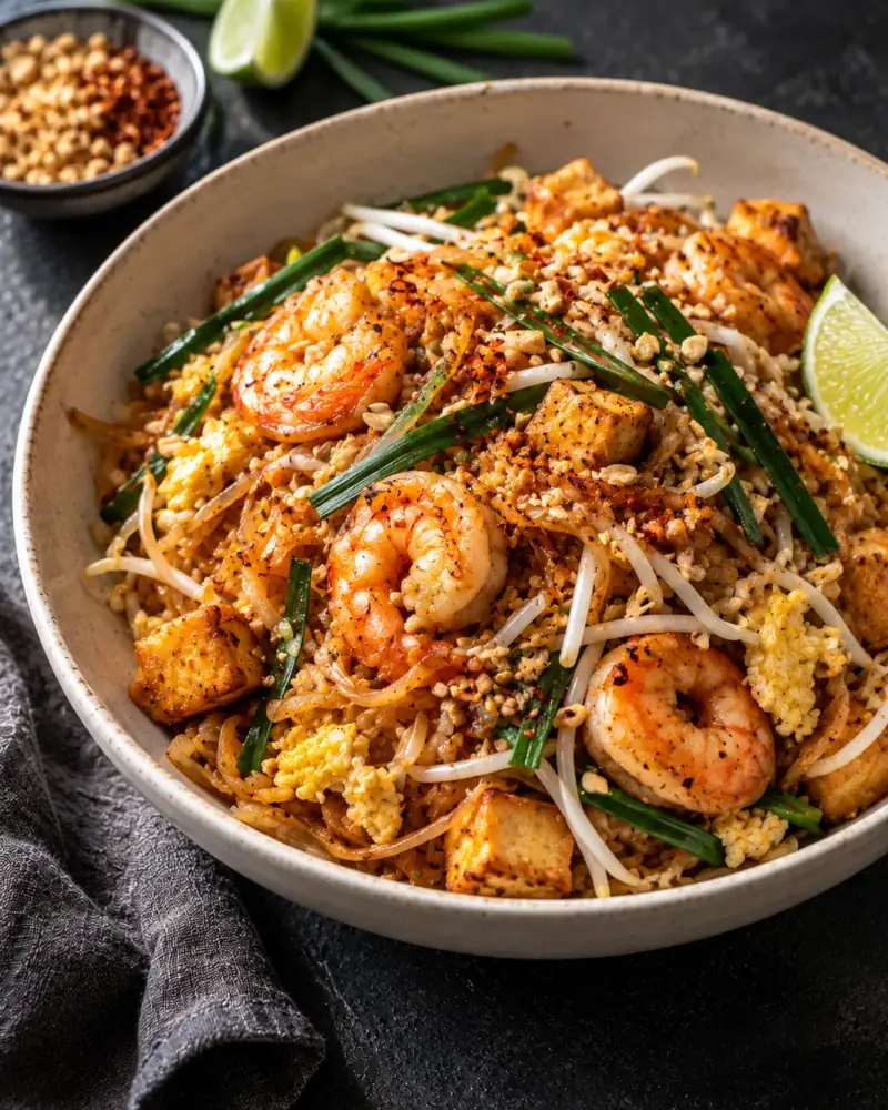 Pad Thai with Shrimp: Sweet, sour and salty rice noodles from a hot pan