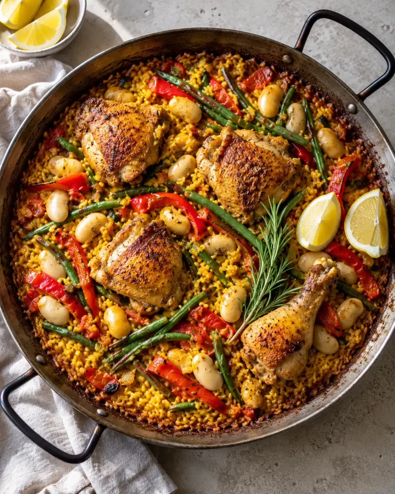 Chicken Paella: A wide pan of saffron rice in the Valencian style, with a crisp golden base