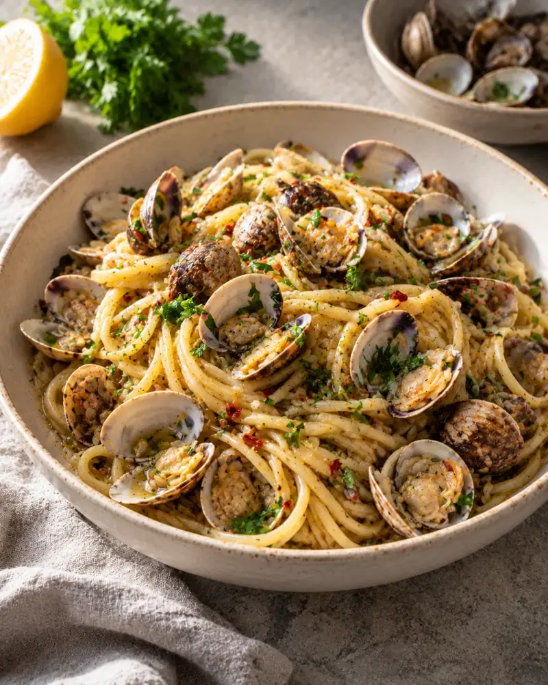 Spaghetti alle Vongole: Clams, garlic, white wine and parsley in a briny emulsified sauce