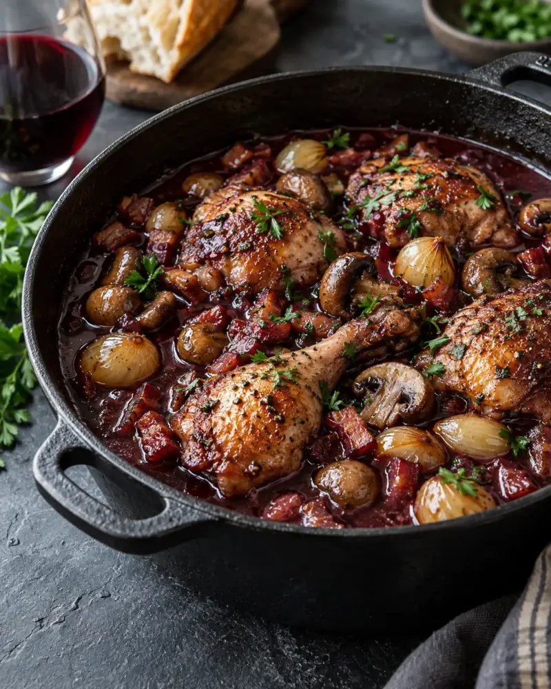 Coq au Vin: Chicken braised slowly in red wine with bacon, mushrooms and little onions