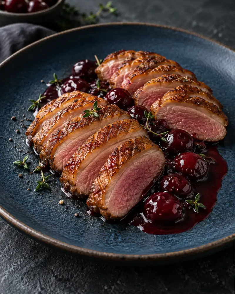 Pan-Roasted Duck Breast with Cherry Sauce: Fat rendered slowly from a cold pan, rosy meat, quick fruit pan sauce
