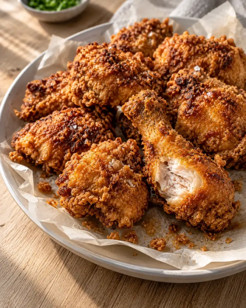 Buttermilk Fried Chicken: Brined overnight, double-dredged and fried for a craggy, crunchy crust