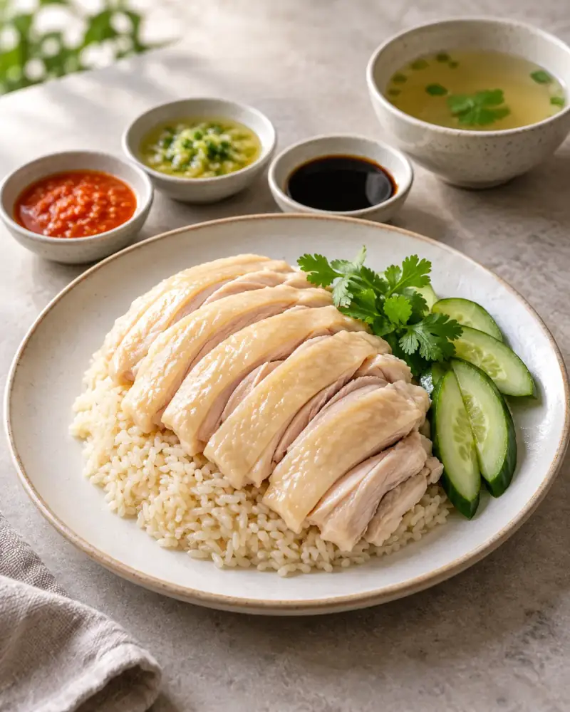 Hainanese Chicken Rice: Silky poached chicken, rice cooked in its fat and stock, three sauces