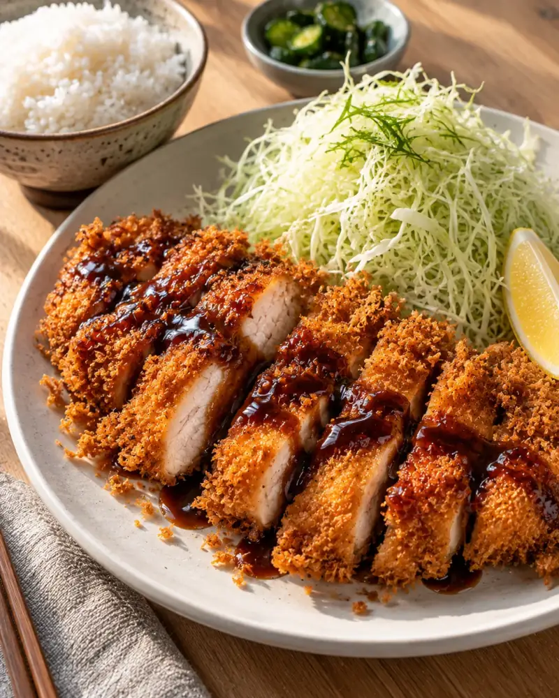 Chicken Katsu with Tonkatsu Sauce: Panko-crusted chicken, shredded cabbage and a fruity, tangy sauce