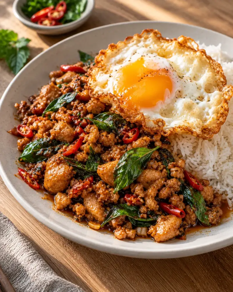 Pad Kra Pao (Thai Holy Basil Chicken): Fiery stir-fried minced chicken with holy basil, over rice with a crispy fried egg