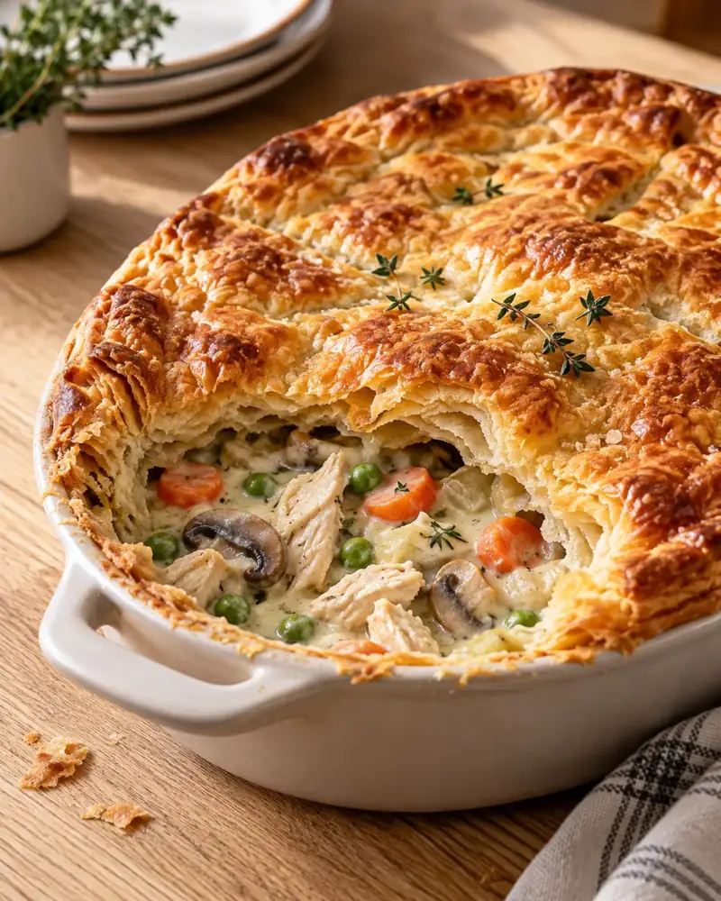 Chicken Pot Pie: Creamy chicken and vegetables under a flaky, golden lid