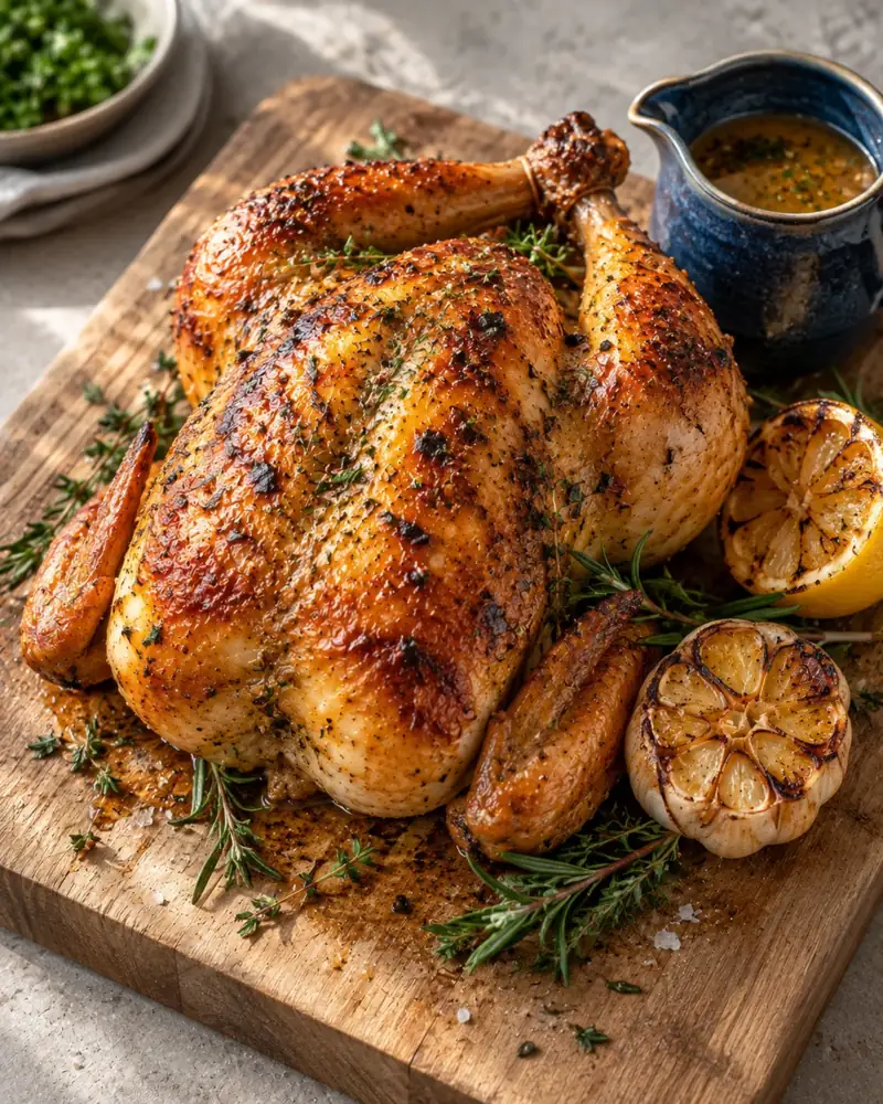 Roast Chicken: Dry-salted overnight, roasted hot, with crackling skin and juicy breast