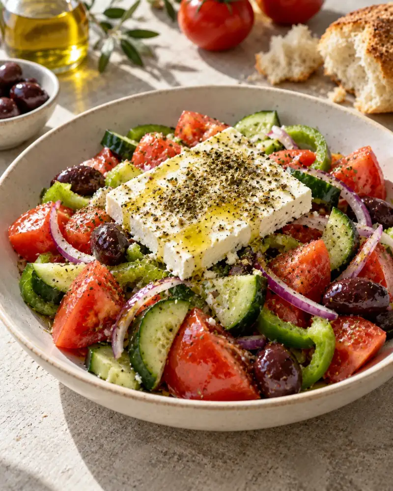 Greek Salad (Horiatiki): Ripe tomatoes, cucumber, onion, olives and a slab of feta — no lettuce