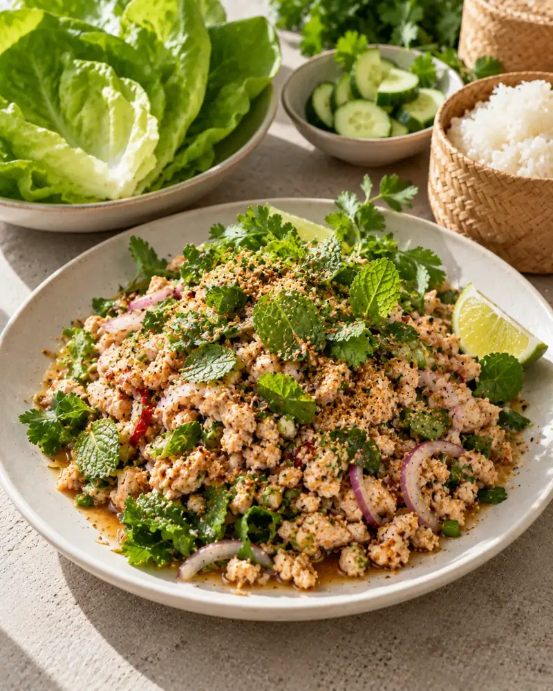 Larb Gai: Lao and Thai minced chicken salad with toasted rice, lime and herbs