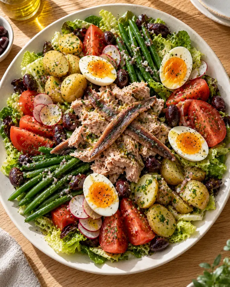 Salade Niçoise: A composed salad of tuna, jammy eggs, potatoes, beans and olives