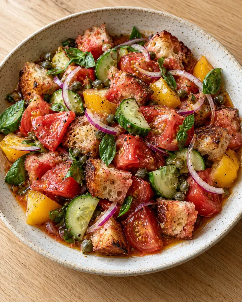 Panzanella: Tuscan tomato and bread salad, soaked in its own juices