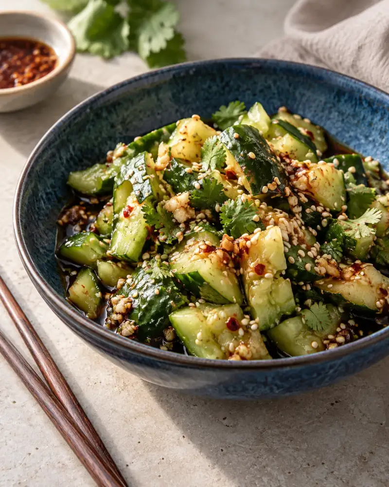 Smashed Cucumber Salad: Sichuan-style cucumbers in garlic, black vinegar and chili oil