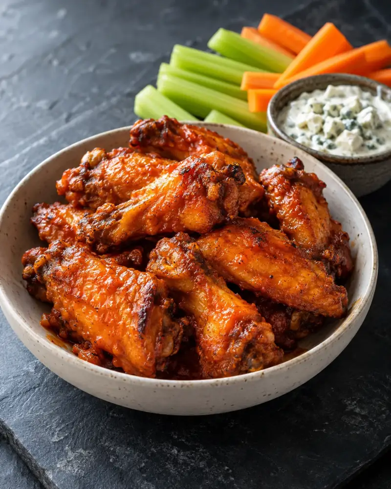 Crispy Baked Buffalo Wings: Shatter-crisp oven wings in a buttery hot sauce, with blue cheese dip