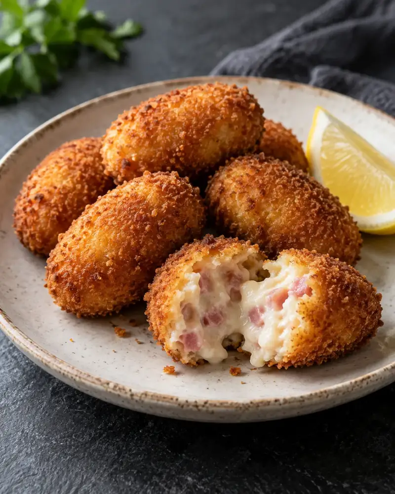 Ham Croquetas: Crisp shells around a molten, creamy béchamel with jamón