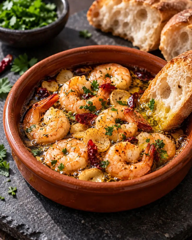 Gambas al Ajillo: Shrimp sizzling in garlic, chili and olive oil — with bread to mop it up