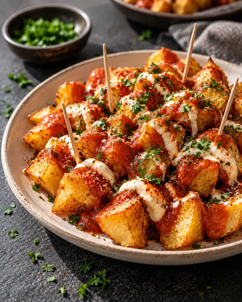 Patatas Bravas: Crisp potatoes with a smoky tomato bravas sauce and garlic aioli