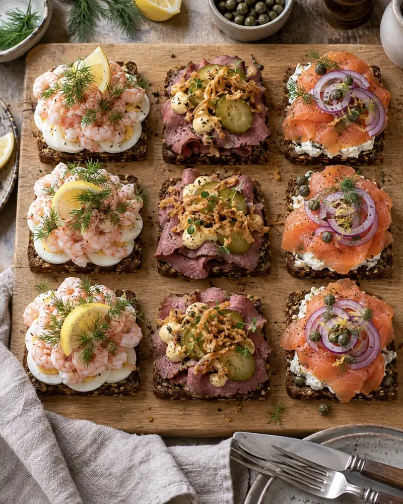 Smørbrød: Three Open Sandwiches: Nordic open sandwiches on dark rye — shrimp and egg, roast beef, and smoked salmon