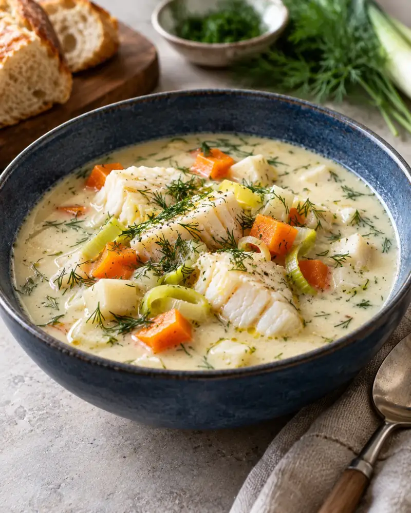 Bergen Fish Soup: Norway's creamy, gently sweet-sour fish soup with root vegetables