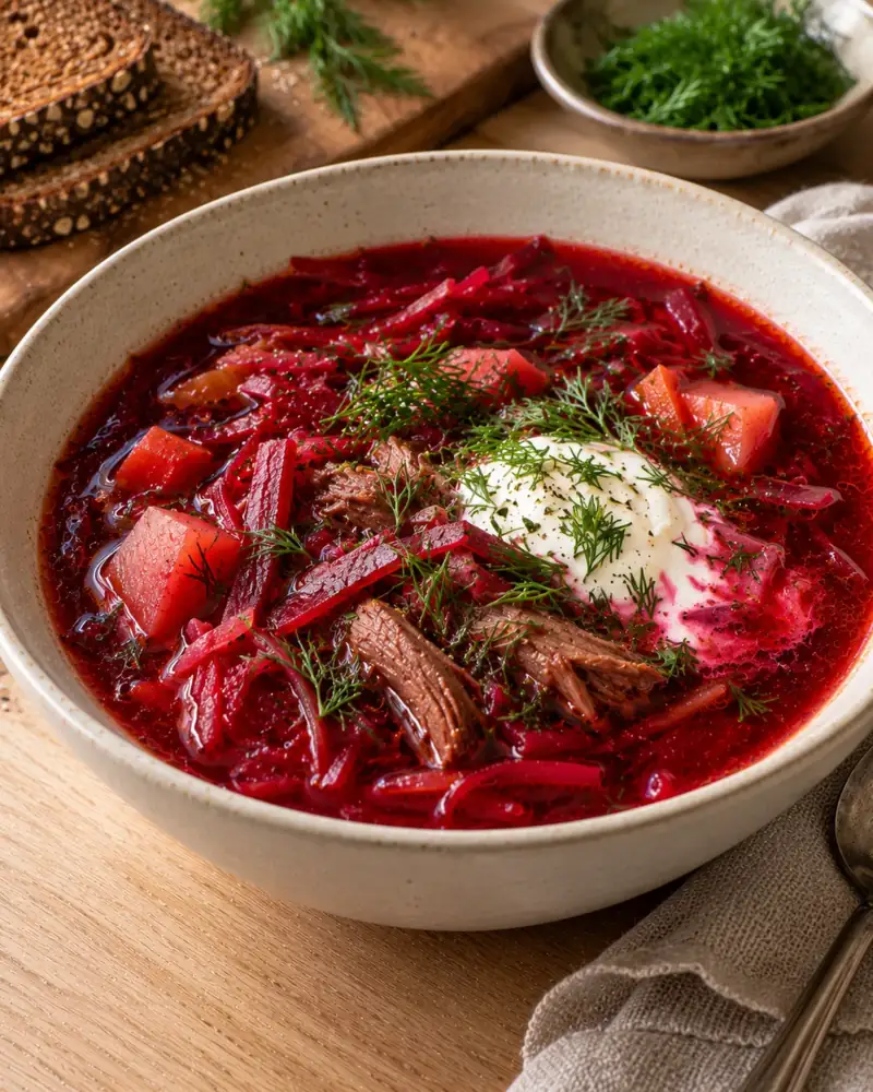 Borscht: Ruby beet soup with beef, cabbage, dill and sour cream